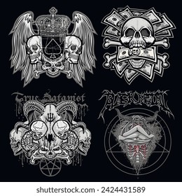 set, gothic sign with skull (Hand drawn vector image), grunge vintage design t shirts