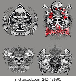set, gothic sign with skull (Hand drawn vector image), grunge vintage design t shirts