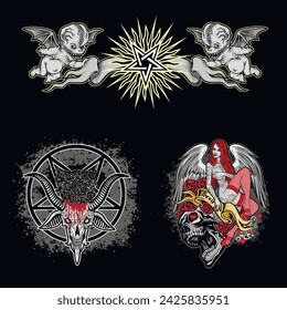 set, gothic sign with skull (Hand drawn vector image), grunge vintage design t shirts