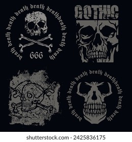 set, gothic sign with skull (Hand drawn vector image), grunge vintage design t shirts