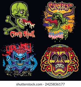 set, gothic sign with skull (Hand drawn vector image), grunge vintage design t shirts