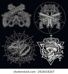 set, gothic sign with skull (Hand drawn vector image), grunge vintage design t shirts