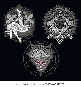 set, gothic sign with skull (Hand drawn vector image), grunge vintage design t shirts