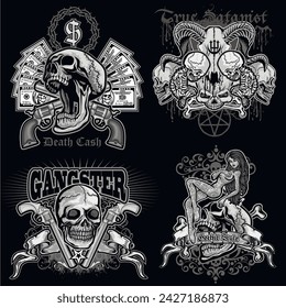 set, gothic sign with skull (Hand drawn vector image), grunge vintage design t shirts