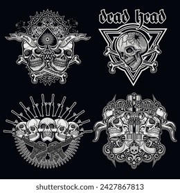 set, gothic sign with skull (Hand drawn vector image), grunge vintage design t shirts