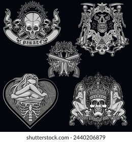 set, gothic sign with skull (Hand drawn vector image), grunge vintage design t shirts