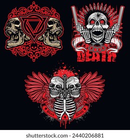 set, gothic sign with skull (Hand drawn vector image), grunge vintage design t shirts