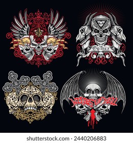 set, gothic sign with skull (Hand drawn vector image), grunge vintage design t shirts