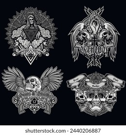 set, gothic sign with skull (Hand drawn vector image), grunge vintage design t shirts