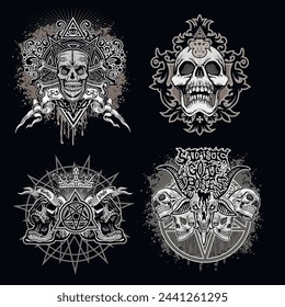 set, gothic sign with skull (Hand drawn vector image), grunge vintage design t shirts