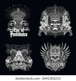 set, gothic sign with skull (Hand drawn vector image), grunge vintage design t shirts
