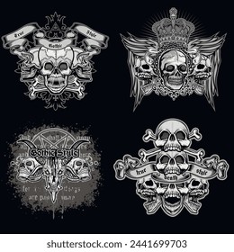 set, gothic sign with skull (Hand drawn vector image), grunge vintage design t shirts