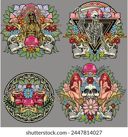 
set, gothic sign with skull (Hand drawn vector image), grunge vintage design t shirts