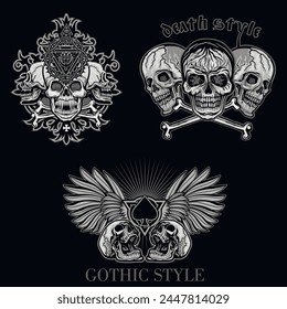 
set, gothic sign with skull (Hand drawn vector image), grunge vintage design t shirts