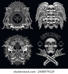 set, gothic sign with skull (Hand drawn vector image), grunge vintage design t shirts