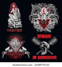 set, gothic sign with skull (Hand drawn vector image), grunge vintage design t shirts