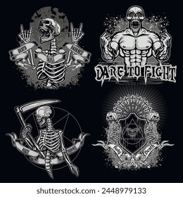 set, gothic sign with skull (Hand drawn vector image), grunge vintage design t shirts
