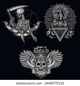 set, gothic sign with skull (Hand drawn vector image), grunge vintage design t shirts