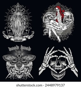 set, gothic sign with skull (Hand drawn vector image), grunge vintage design t shirts