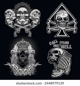 set, gothic sign with skull (Hand drawn vector image), grunge vintage design t shirts