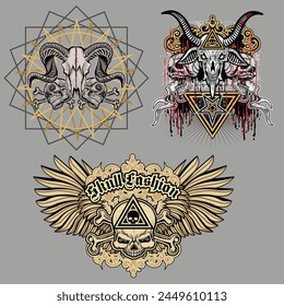 set, gothic sign with skull (Hand drawn vector image), grunge vintage design t shirts