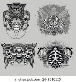 set, gothic sign with skull (Hand drawn vector image), grunge vintage design t shirts