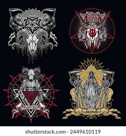 set, gothic sign with skull (Hand drawn vector image), grunge vintage design t shirts