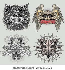 set, gothic sign with skull (Hand drawn vector image), grunge vintage design t shirts