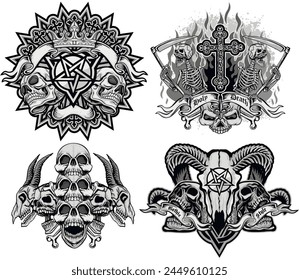 set, gothic sign with skull (Hand drawn vector image), grunge vintage design t shirts