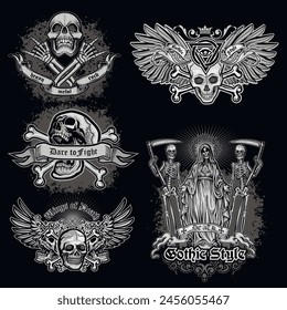set, gothic sign with skull (Hand drawn vector image), grunge vintage design t shirts
