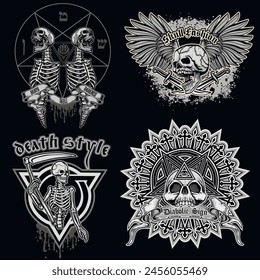 set, gothic sign with skull (Hand drawn vector image), grunge vintage design t shirts