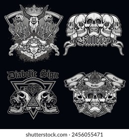 set, gothic sign with skull (Hand drawn vector image), grunge vintage design t shirts