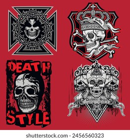 set, gothic sign with skull (Hand drawn vector image), grunge vintage design t shirts