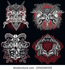 set, gothic sign with skull (Hand drawn vector image), grunge vintage design t shirts