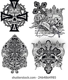 set, gothic sign with skull (Hand drawn vector image), grunge vintage design t shirts