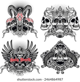 set, gothic sign with skull (Hand drawn vector image), grunge vintage design t shirts