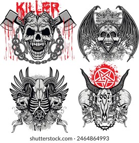set, gothic sign with skull (Hand drawn vector image), grunge vintage design t shirts