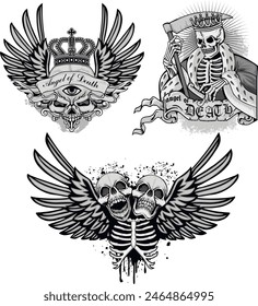 set, gothic sign with skull (Hand drawn vector image), grunge vintage design t shirts