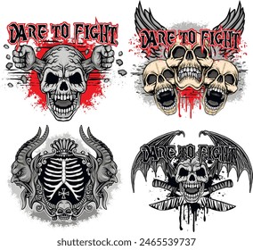 set, gothic sign with skull (Hand drawn vector image), grunge vintage design t shirts