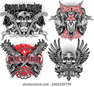 set, gothic sign with skull (Hand drawn vector image), grunge vintage design t shirts