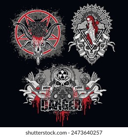 set, gothic sign with skull (Hand drawn vector image), grunge vintage design t shirts