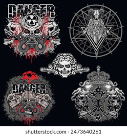 set, gothic sign with skull (Hand drawn vector image), grunge vintage design t shirts