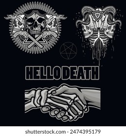 set, gothic sign with skull (Hand drawn vector image), grunge vintage design t shirts