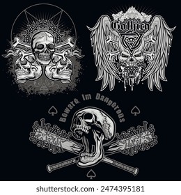 Set, Gothic-Schild mit Totenkopf (Handgezeichnete Vektorgrafik Bild), Grunge Vintage Design T-Shirts