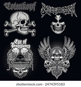 set, gothic sign with skull (Hand drawn vector image), grunge vintage design t shirts