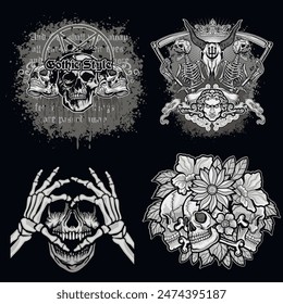 set, gothic sign with skull (Hand drawn vector image), grunge vintage design t shirts
