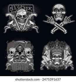 set, gothic sign with skull (Hand drawn vector image), grunge vintage design t shirts
