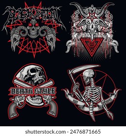 set, gothic sign with skull (Hand drawn vector image), grunge vintage design t shirts
