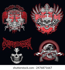 set, gothic sign with skull (Hand drawn vector image), grunge vintage design t shirts
