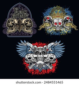 set, gothic sign with skull (Hand drawn vector image), grunge vintage design t shirts